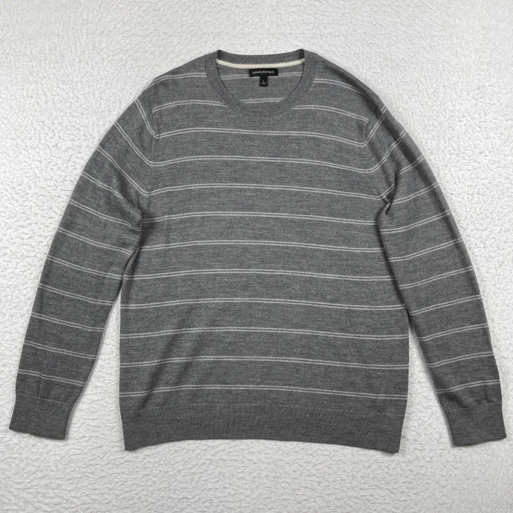 Banana Republic Sweater Mens Large Grey Striped‎ Merino Wool Blend Crew Neck